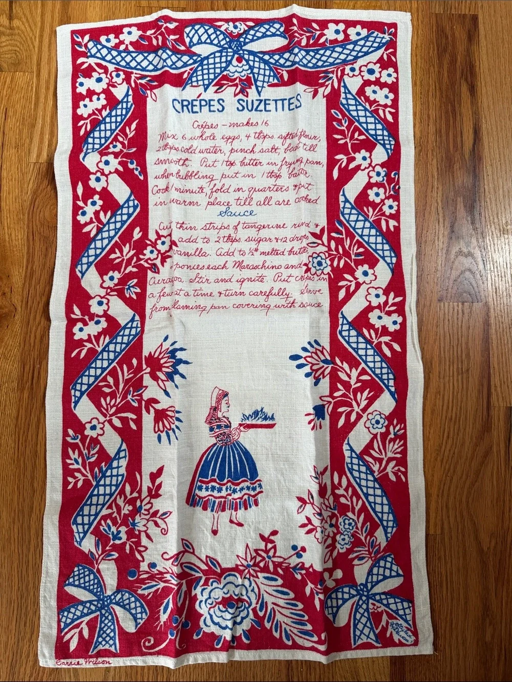 Carrie Wilson Crepes Suzette Vintage Recipe Linen Tea Towel in Red, Blue & White
